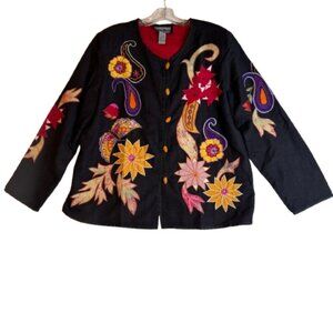 Indigo Moon Embroidered & Embellished Button-up Jacket W/ Glass Buttons #2771